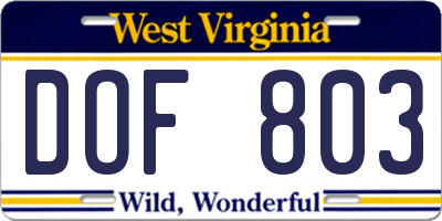 WV license plate DOF803