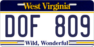 WV license plate DOF809