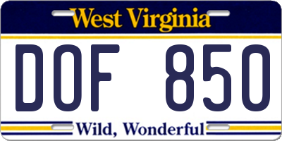 WV license plate DOF850