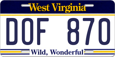 WV license plate DOF870
