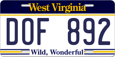 WV license plate DOF892