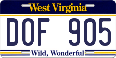 WV license plate DOF905