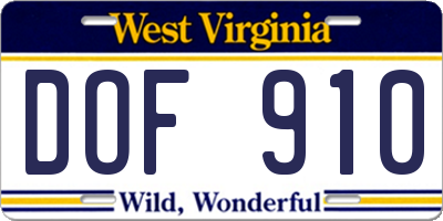 WV license plate DOF910
