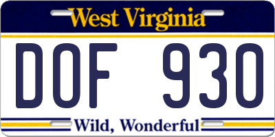 WV license plate DOF930