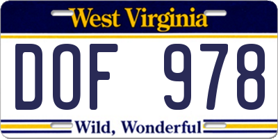 WV license plate DOF978