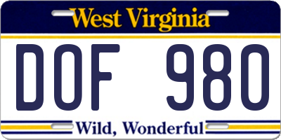 WV license plate DOF980