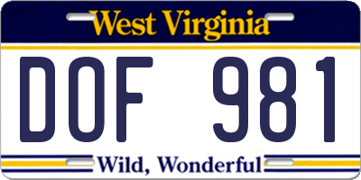 WV license plate DOF981