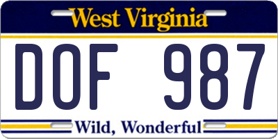 WV license plate DOF987