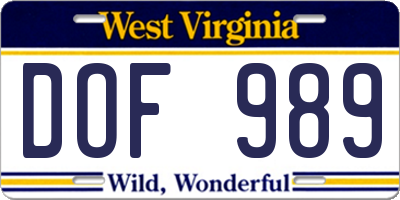 WV license plate DOF989