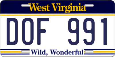 WV license plate DOF991