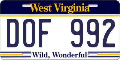 WV license plate DOF992