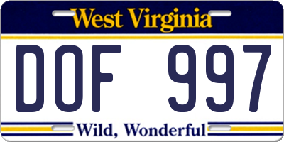 WV license plate DOF997