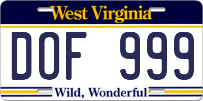 WV license plate DOF999
