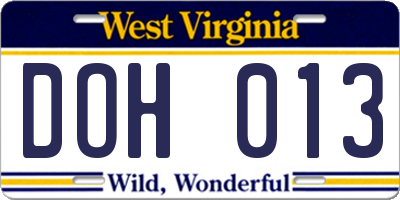 WV license plate DOH013