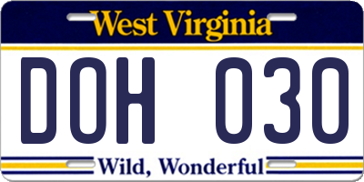 WV license plate DOH030