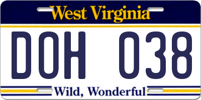 WV license plate DOH038