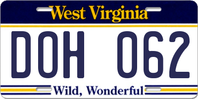 WV license plate DOH062