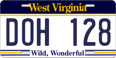 WV license plate DOH128