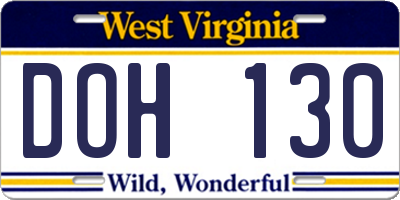 WV license plate DOH130