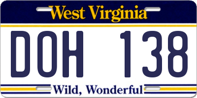 WV license plate DOH138
