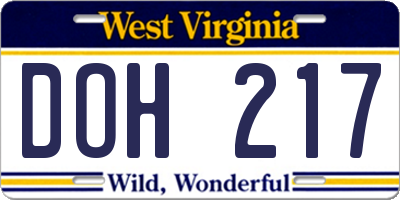 WV license plate DOH217