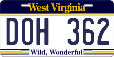 WV license plate DOH362