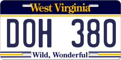 WV license plate DOH380