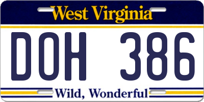 WV license plate DOH386