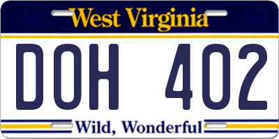 WV license plate DOH402