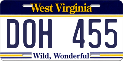 WV license plate DOH455