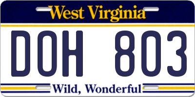 WV license plate DOH803