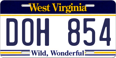WV license plate DOH854