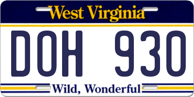 WV license plate DOH930