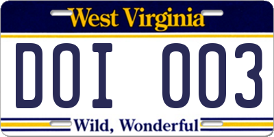 WV license plate DOI003