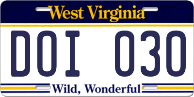 WV license plate DOI030