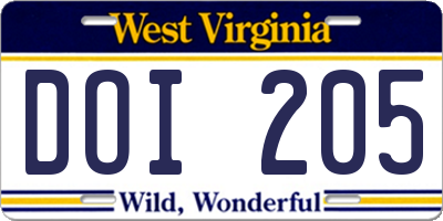 WV license plate DOI205