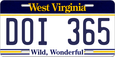 WV license plate DOI365