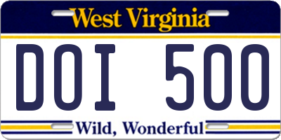 WV license plate DOI500