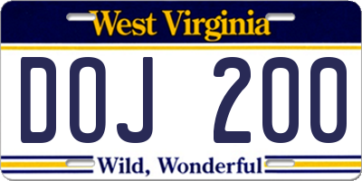 WV license plate DOJ200