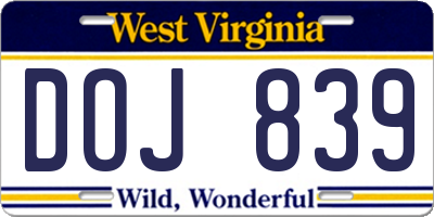 WV license plate DOJ839