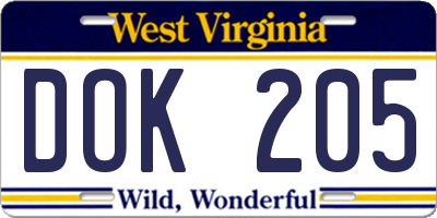WV license plate DOK205