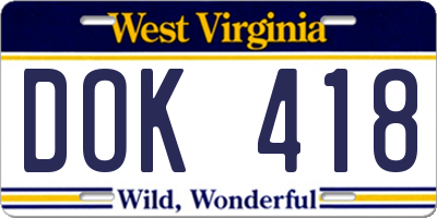 WV license plate DOK418