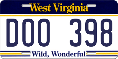 WV license plate DOO398