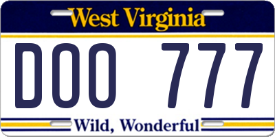 WV license plate DOO777