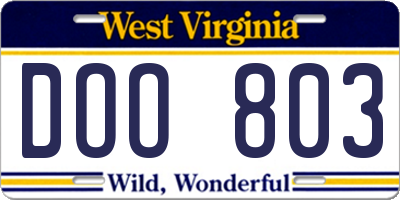 WV license plate DOO803