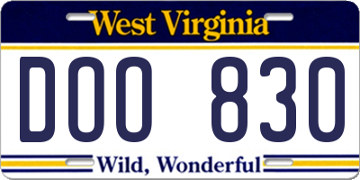 WV license plate DOO830