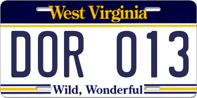WV license plate DOR013