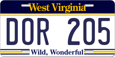 WV license plate DOR205