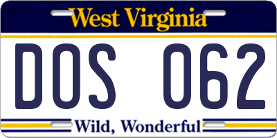 WV license plate DOS062