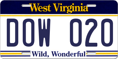 WV license plate DOW020